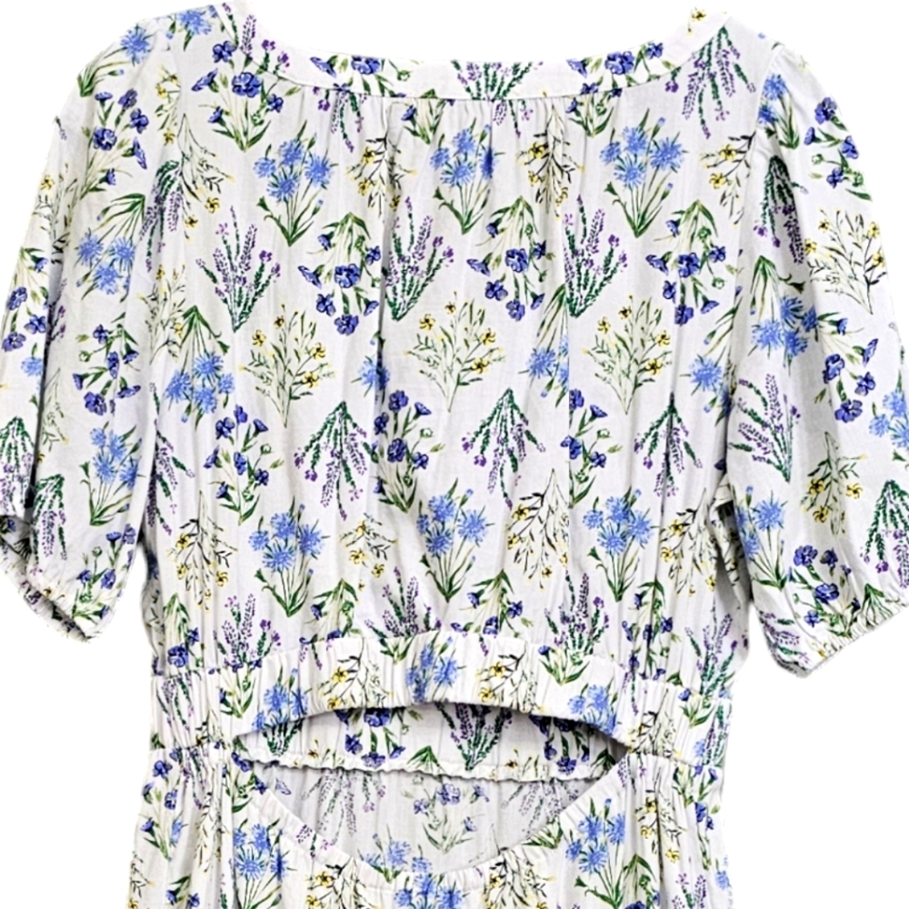 Nwot LOFT  White /Blue/Lavender Floral Puffed Sleeve Back Cutout Tier Midi Dress - Picture 7 of 16